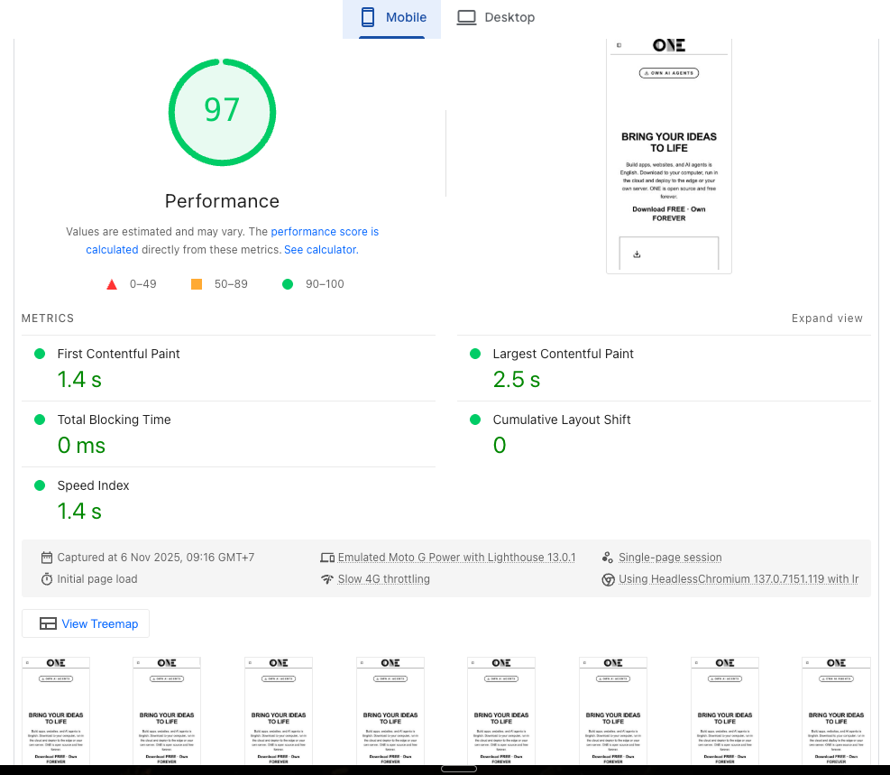 Perfect Lighthouse score showing 100 in all categories on mobile